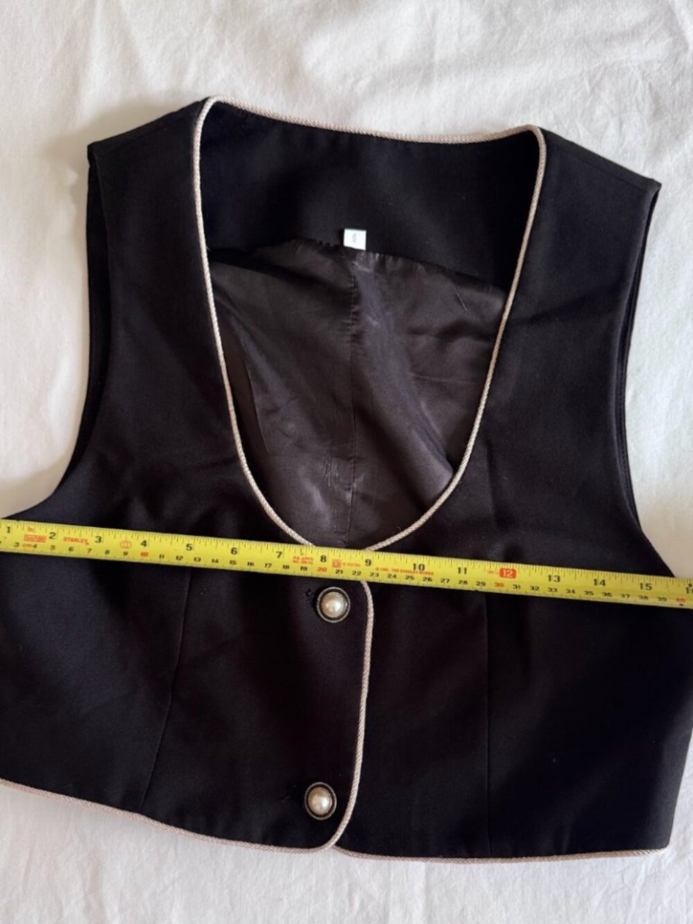 Black Cropped Boucle Style Vest Gold Piping Pearl Buttons Medium